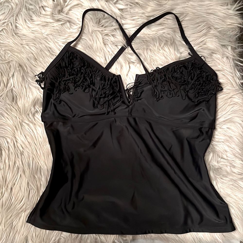 Black V-neck bathing suit top with fringe